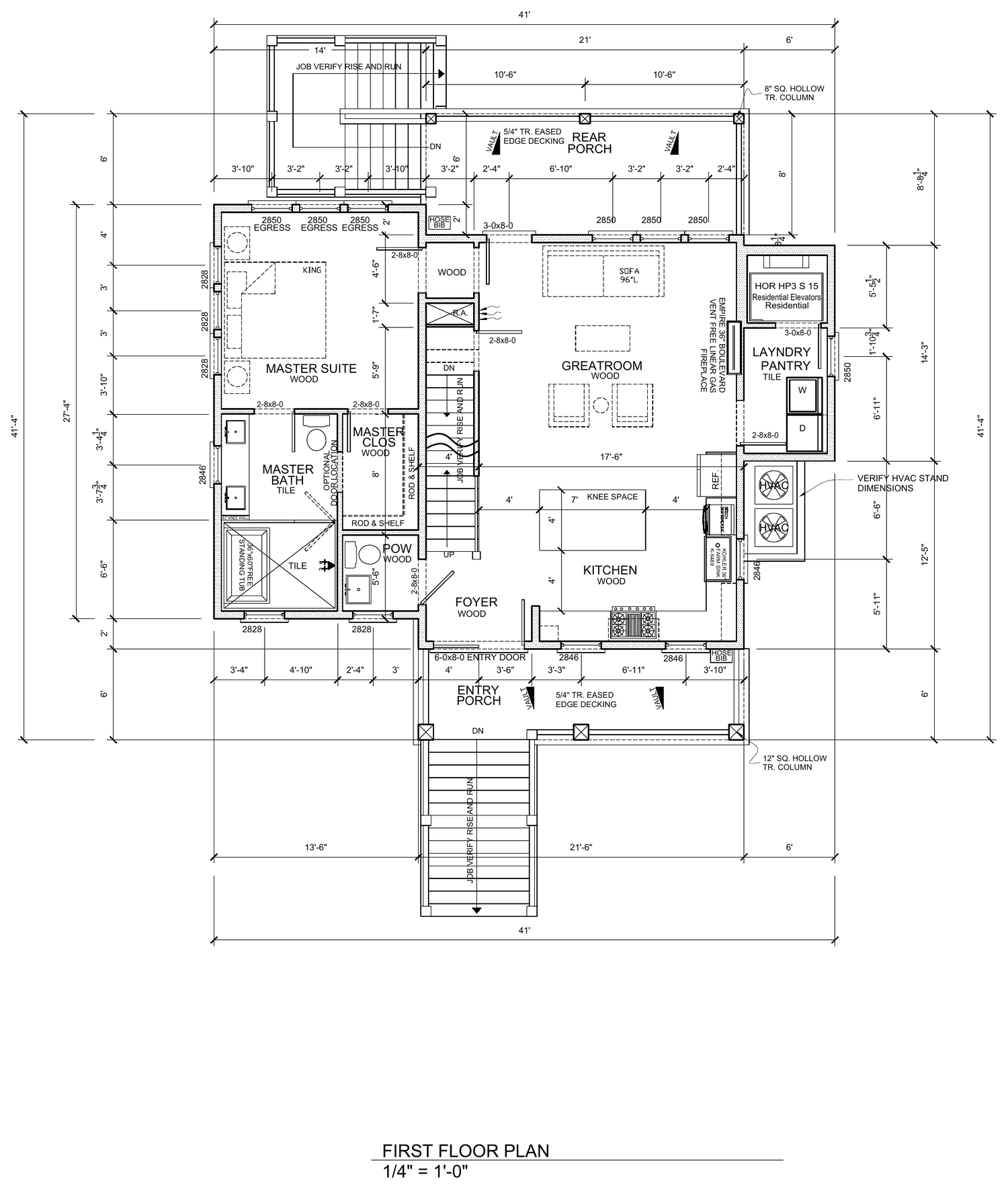 First floor plan: entry porch, foyer, great room with fireplace, kitchen with island, primary suite with bath and closet, powder room, laundry and pantry, rear porch