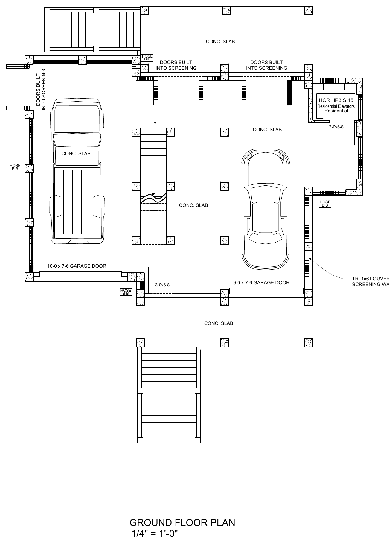 Ground level plan: drive-under parking for two cars, stair and elevator, concrete slab, louvered screening