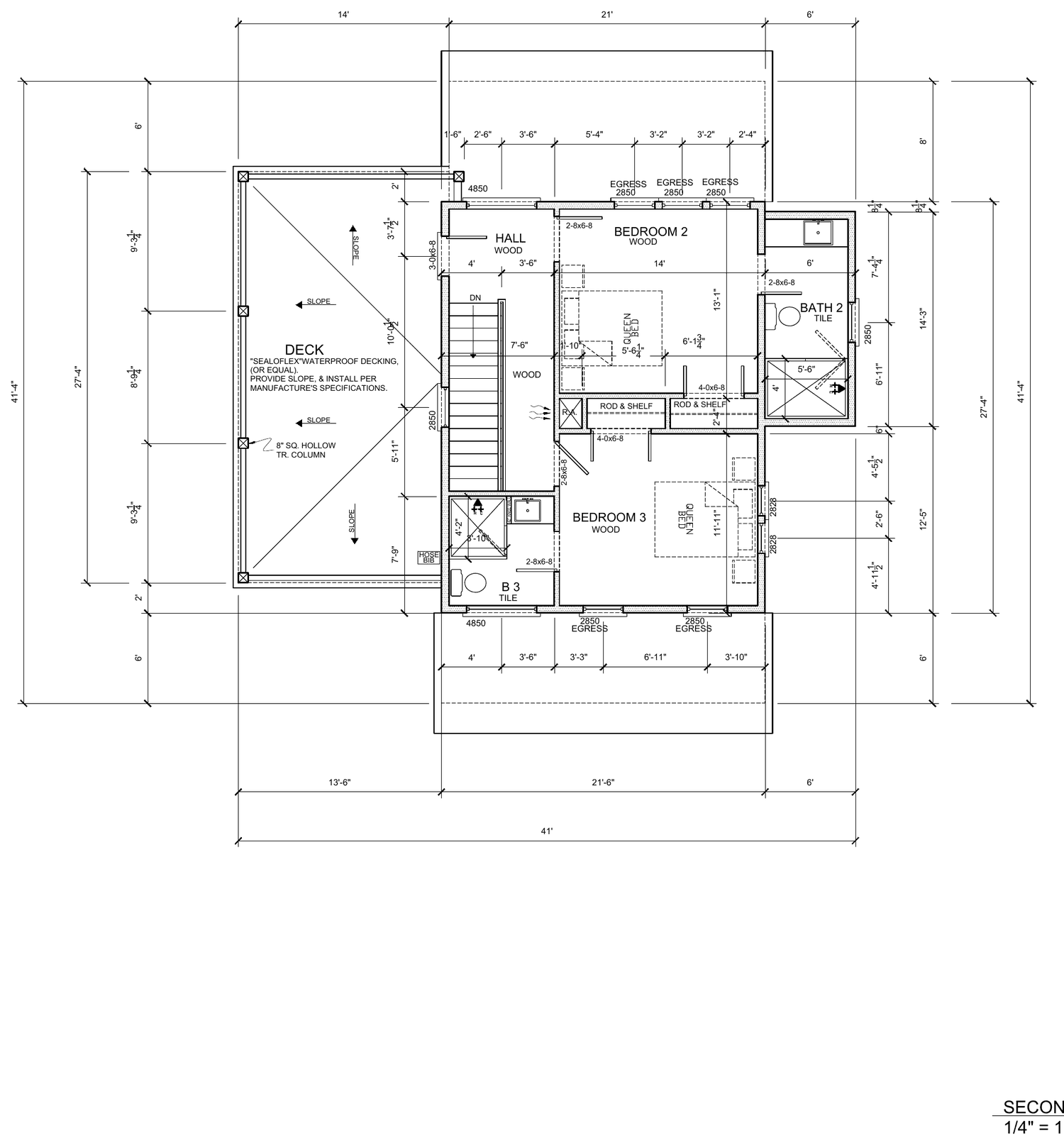 Second floor plan: bedrooms 2 and 3 with baths, hall, and a large deck